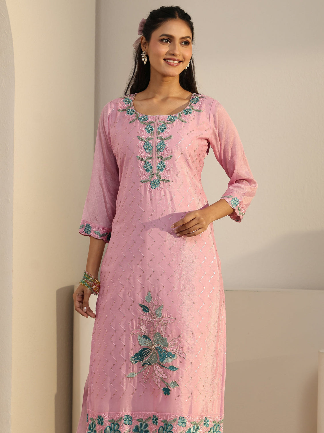 Mameraa Pink Floral Embroidered Chinon Straight Suit Set