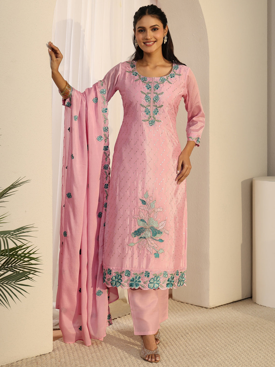 Mameraa Pink Floral Embroidered Chinon Straight Suit Set