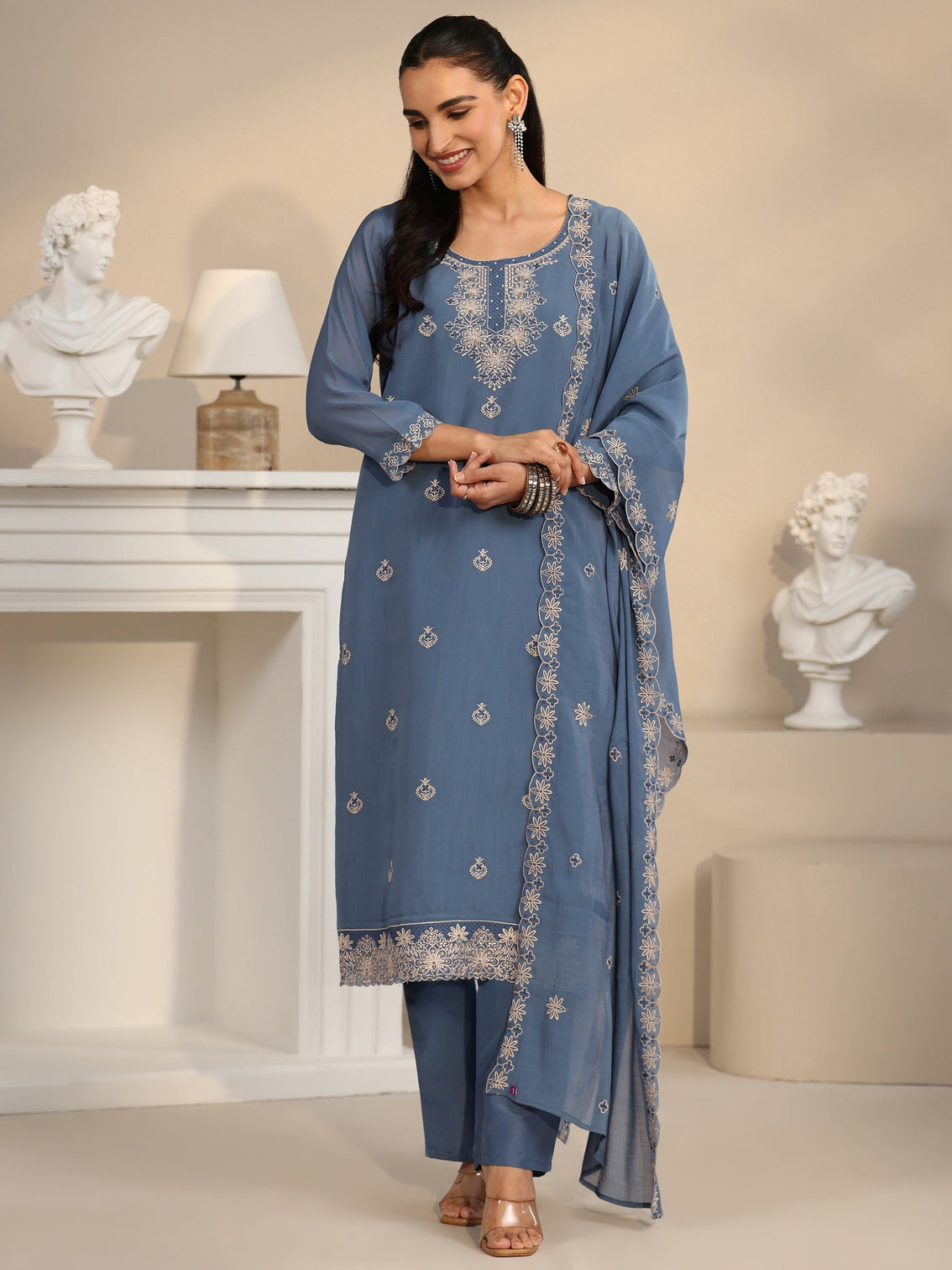 Mameraa Dusty Blue Ethnic Embroidered Silk Blend Straight Suit Set