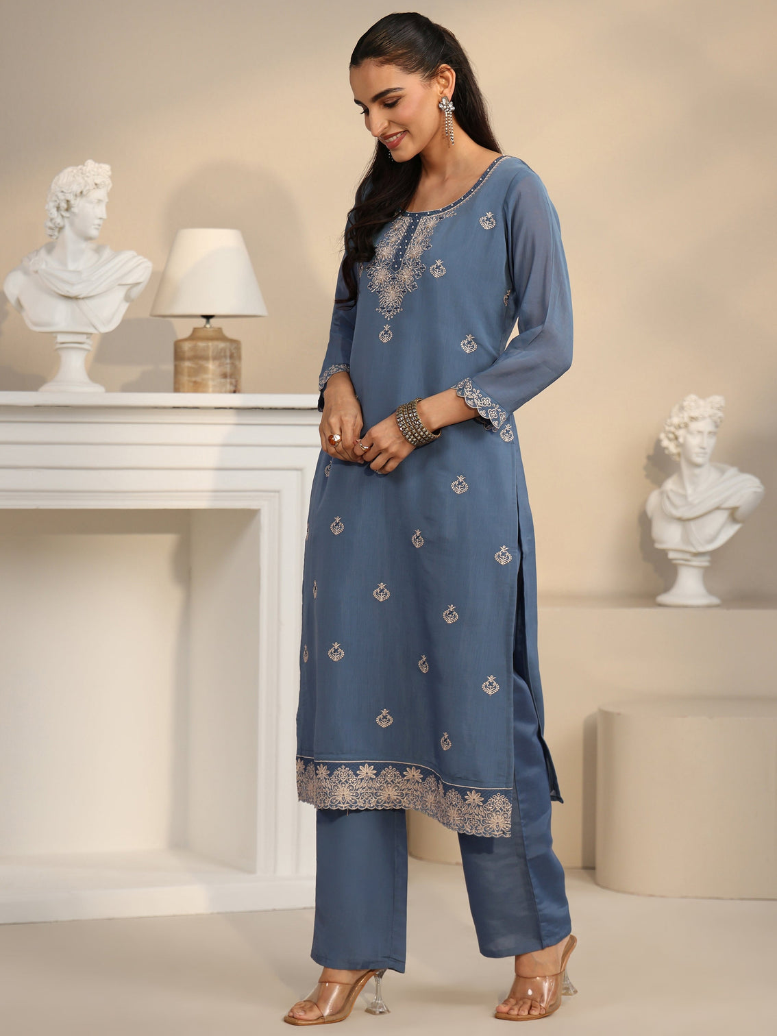 Mameraa Dusty Blue Ethnic Embroidered Silk Blend Straight Suit Set