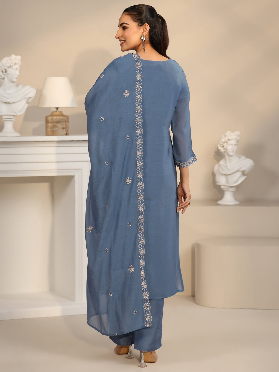 Mameraa Dusty Blue Ethnic Embroidered Silk Blend Straight Suit Set