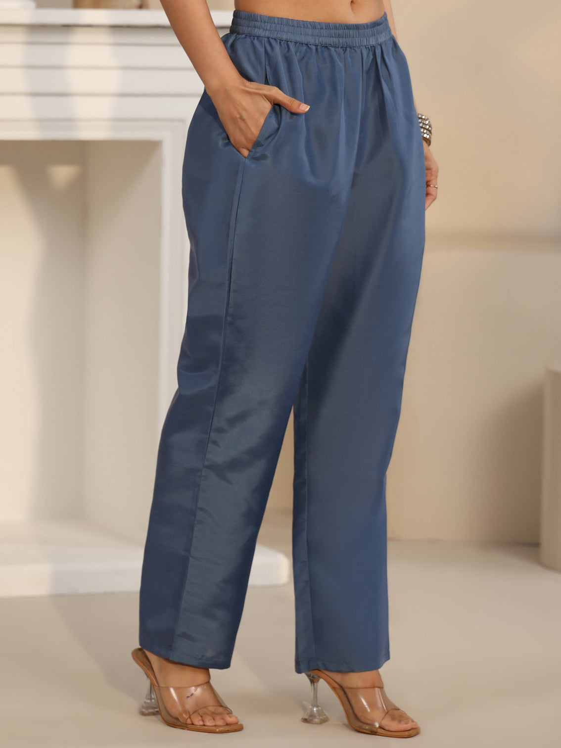 Mameraa Dusty Blue Ethnic Embroidered Silk Blend Straight Suit Set