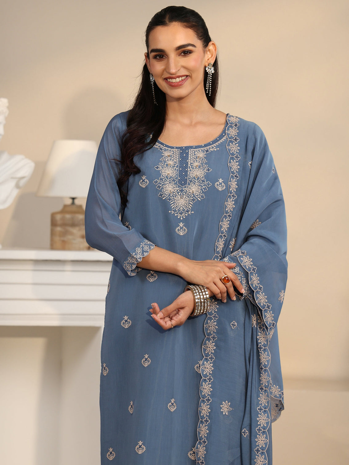 Mameraa Dusty Blue Ethnic Embroidered Silk Blend Straight Suit Set