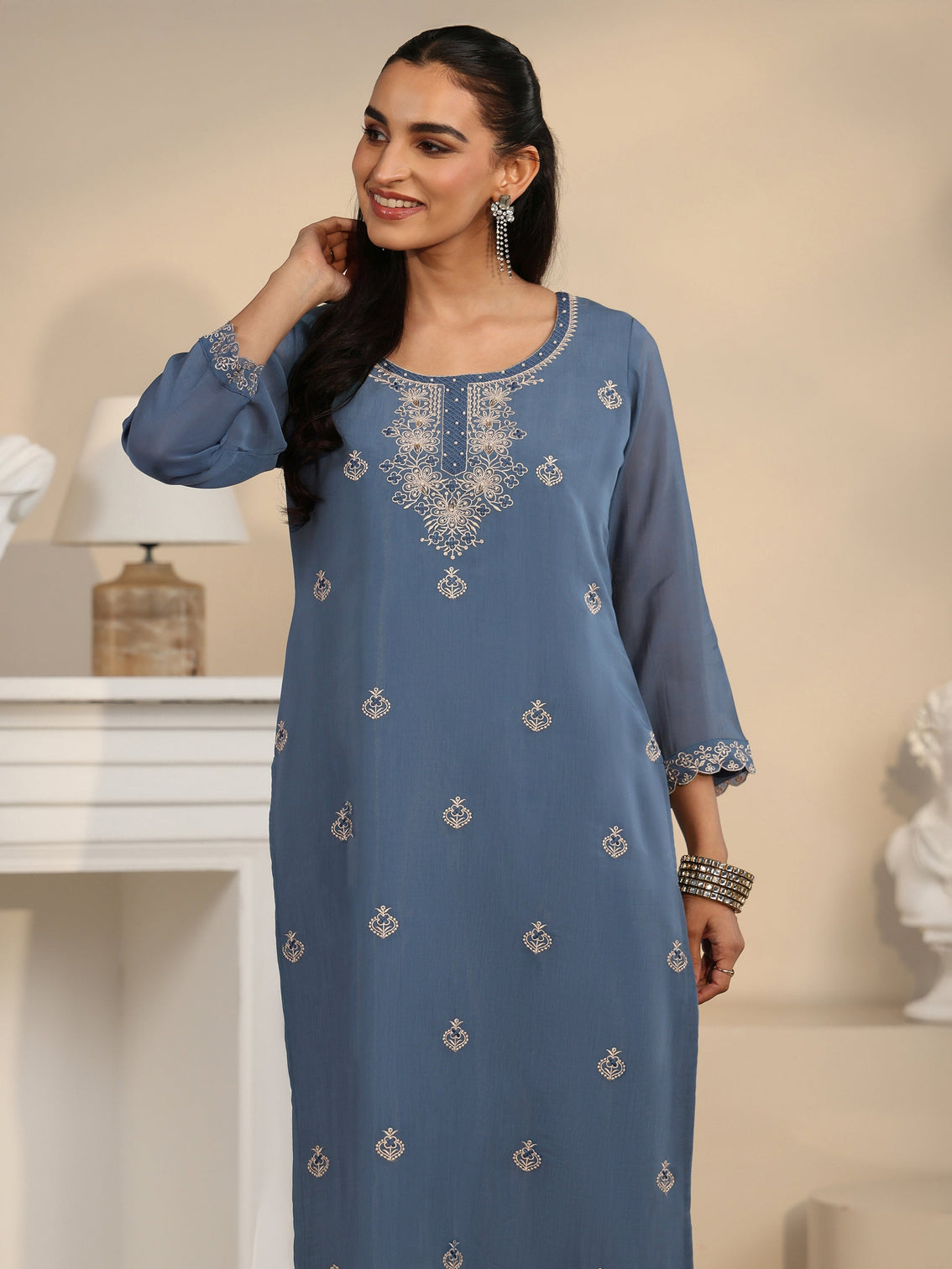 Mameraa Dusty Blue Ethnic Embroidered Silk Blend Straight Suit Set