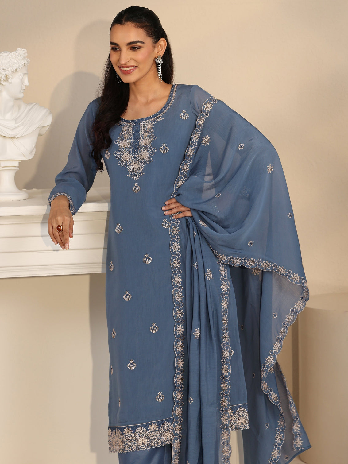 Mameraa Dusty Blue Ethnic Embroidered Silk Blend Straight Suit Set