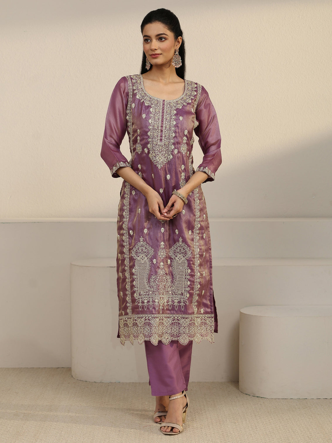 Mameraa Purple Floral Embroidered Organza Straight Suit Set