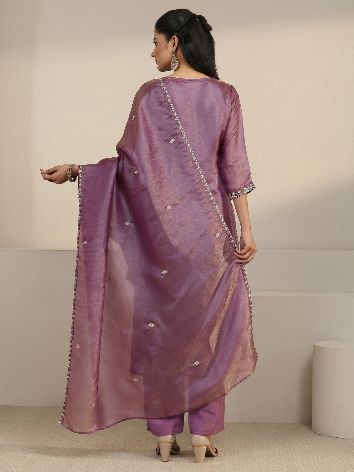 Mameraa Purple Floral Embroidered Organza Straight Suit Set
