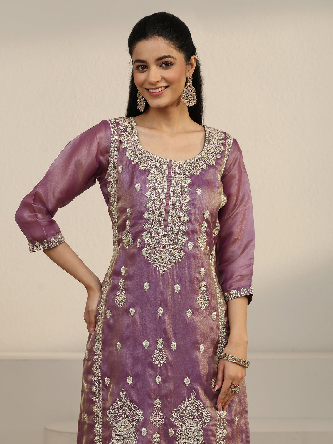 Mameraa Purple Floral Embroidered Organza Straight Suit Set