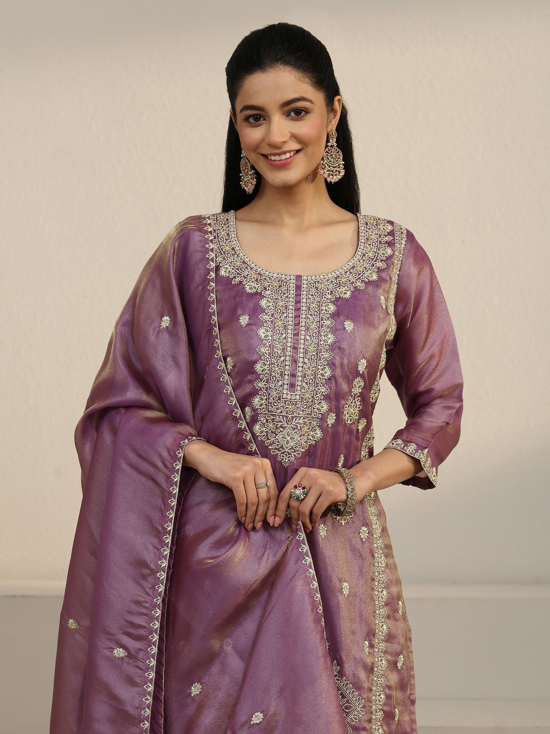 Mameraa Purple Floral Embroidered Organza Straight Suit Set