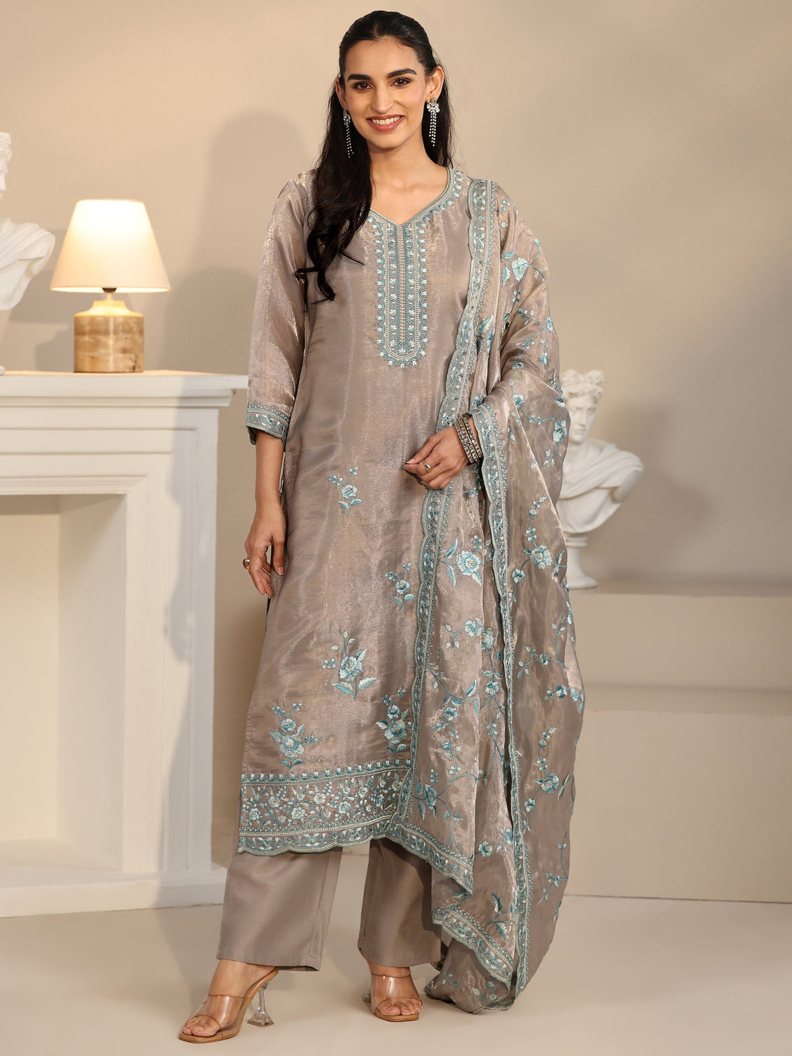 Mameraa Grey Floral Embroidered Organza Straight Suit Set