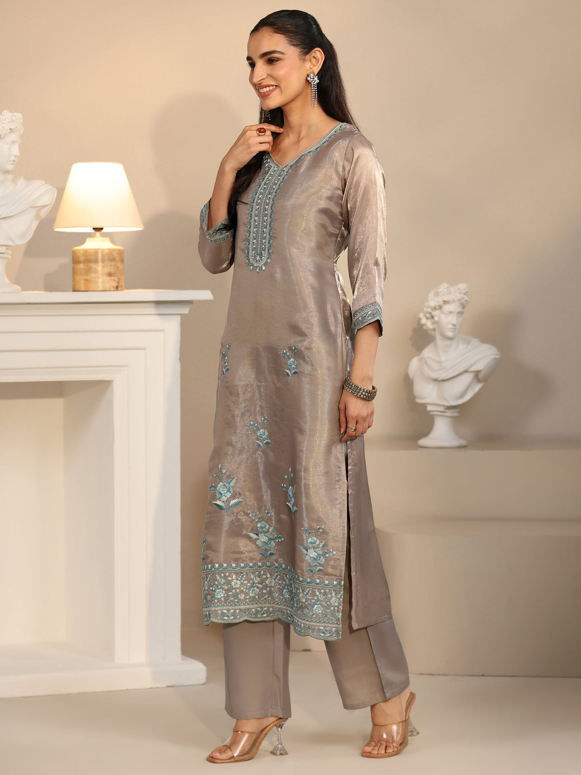 Mameraa Grey Floral Embroidered Organza Straight Suit Set