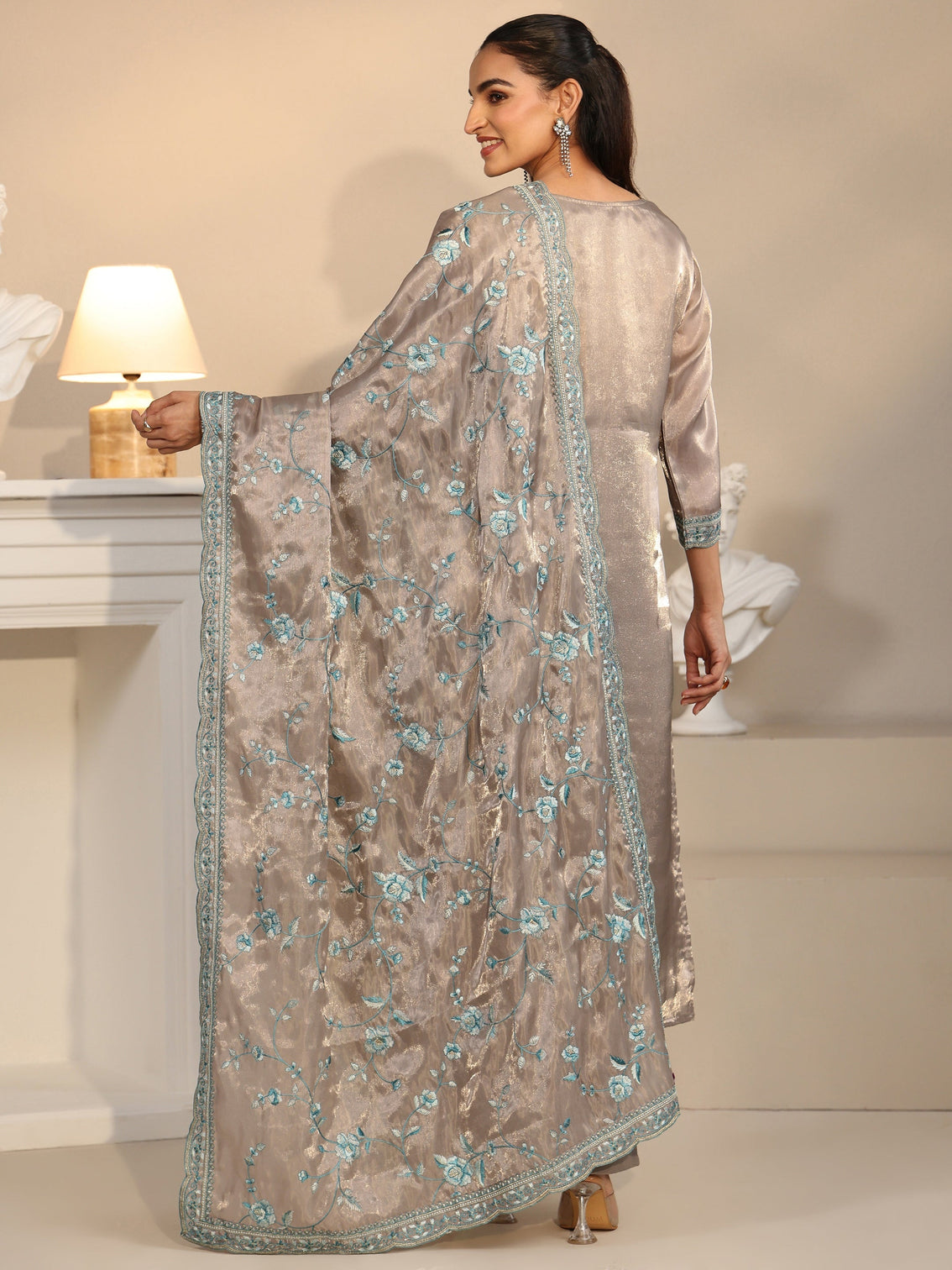 Mameraa Grey Floral Embroidered Organza Straight Suit Set