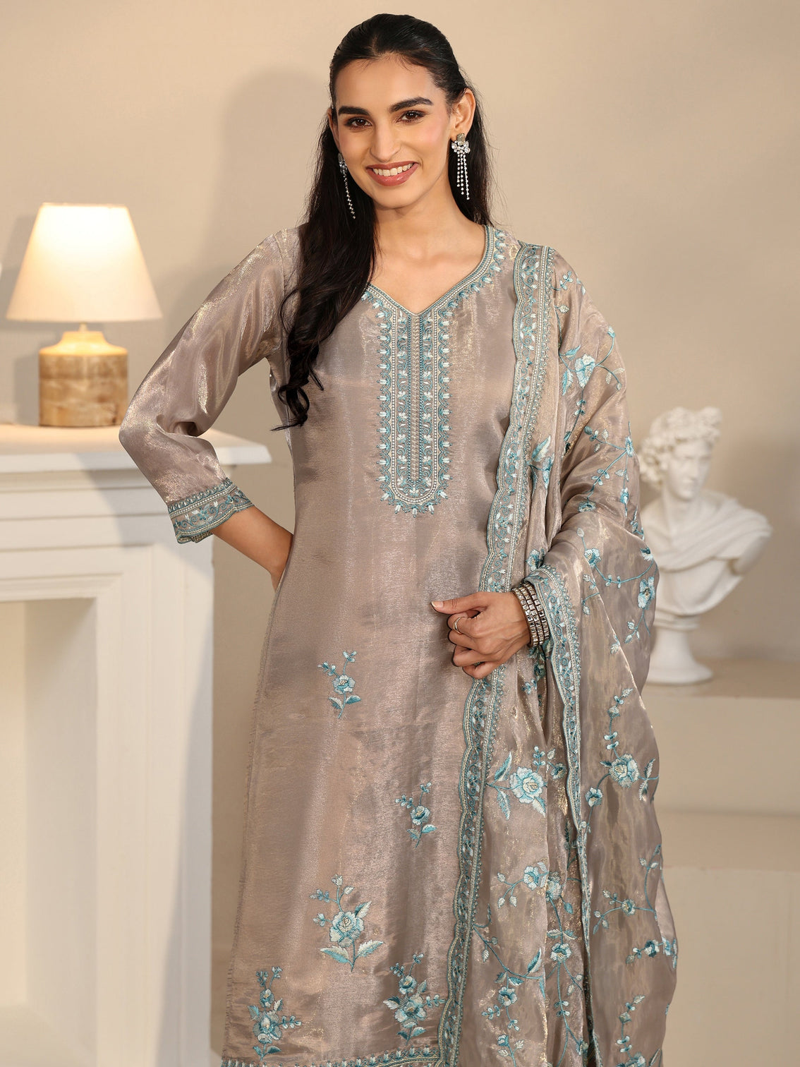 Mameraa Grey Floral Embroidered Organza Straight Suit Set