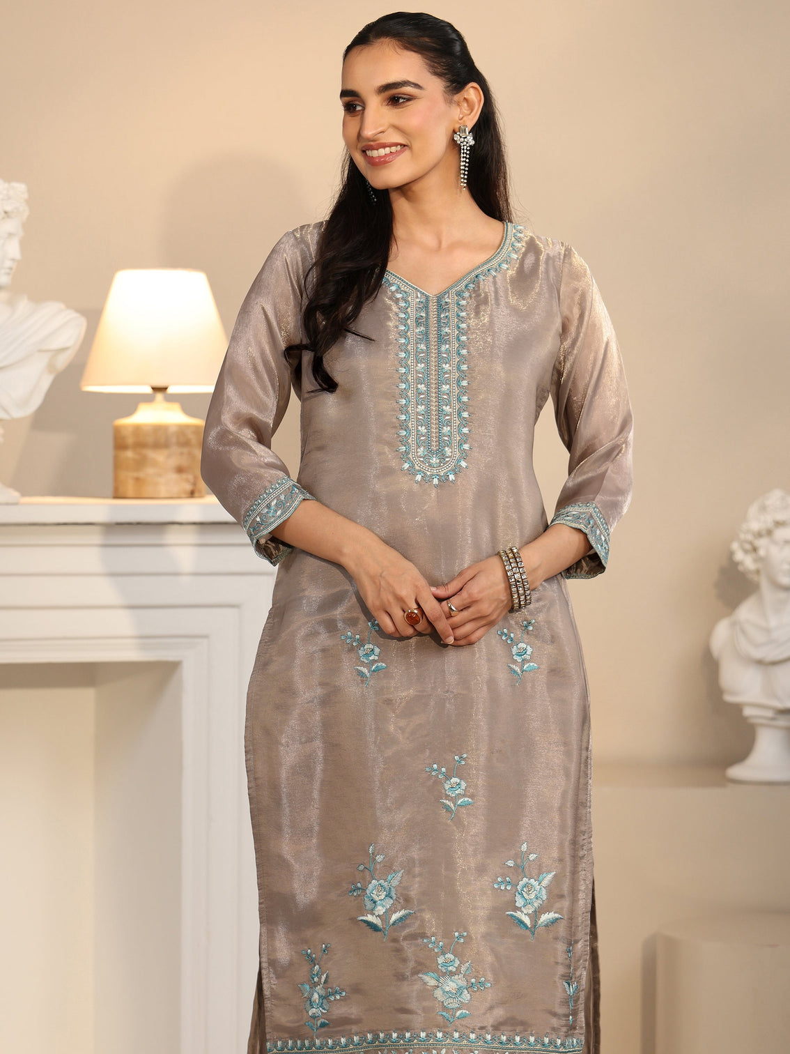Mameraa Grey Floral Embroidered Organza Straight Suit Set