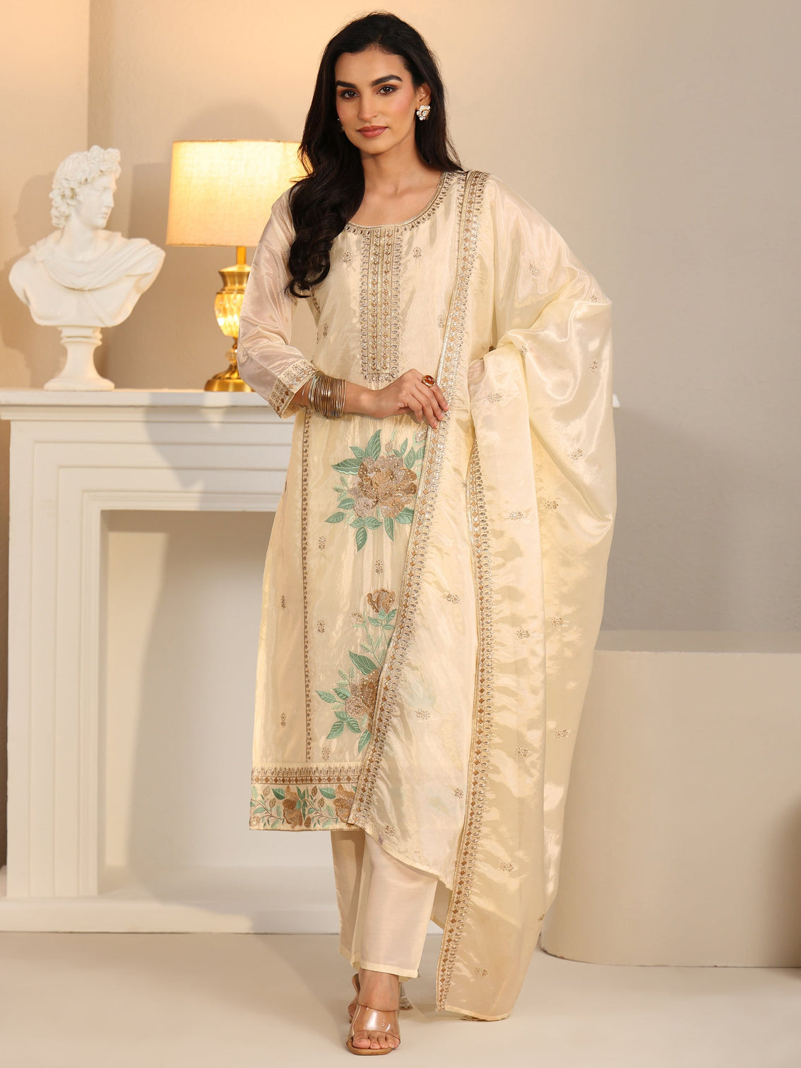 Mameraa Cream Floral Embroiderd Organza Straight Suit Set