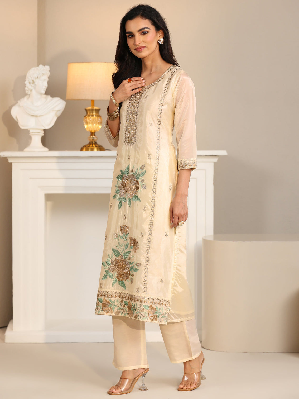 Mameraa Cream Floral Embroiderd Organza Straight Suit Set