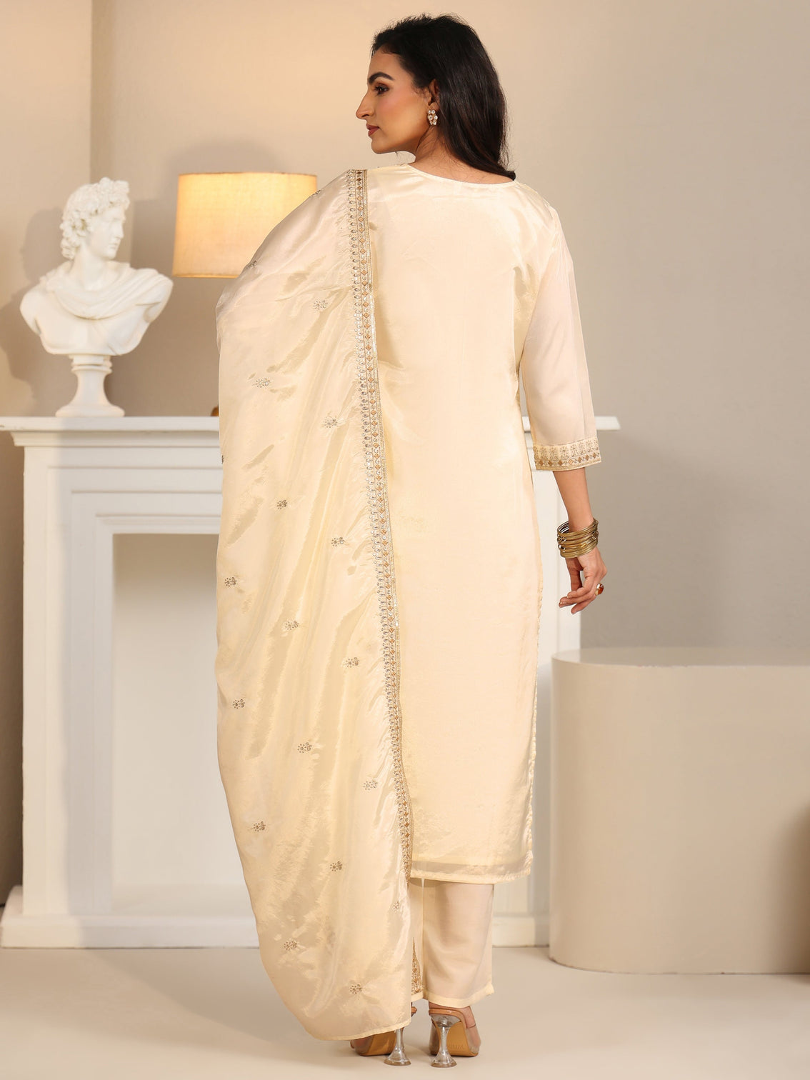 Mameraa Cream Floral Embroiderd Organza Straight Suit Set
