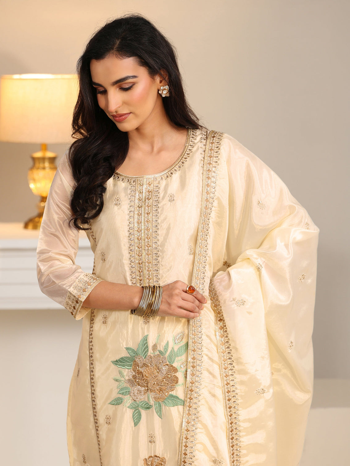 Mameraa Cream Floral Embroiderd Organza Straight Suit Set