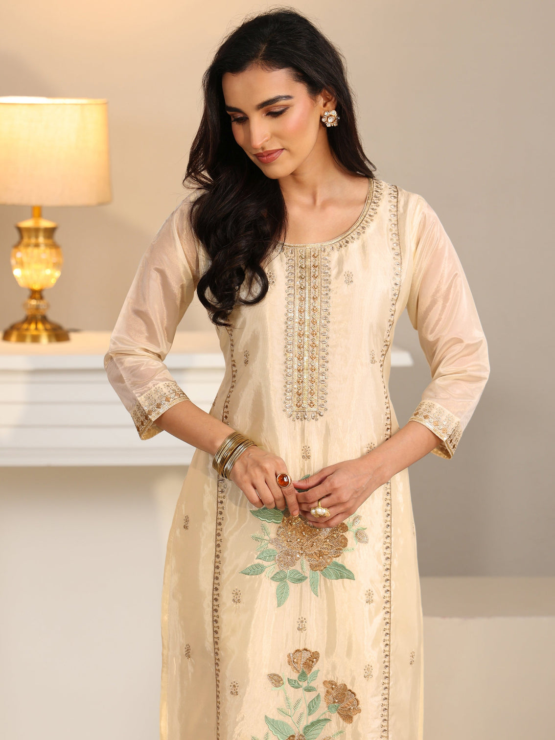 Mameraa Cream Floral Embroiderd Organza Straight Suit Set