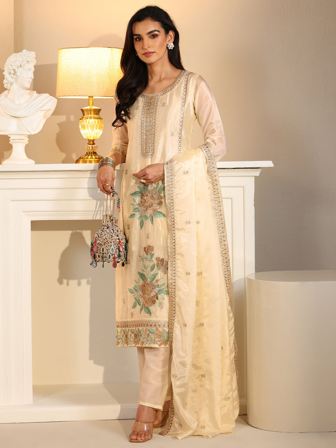 Mameraa Cream Floral Embroiderd Organza Straight Suit Set