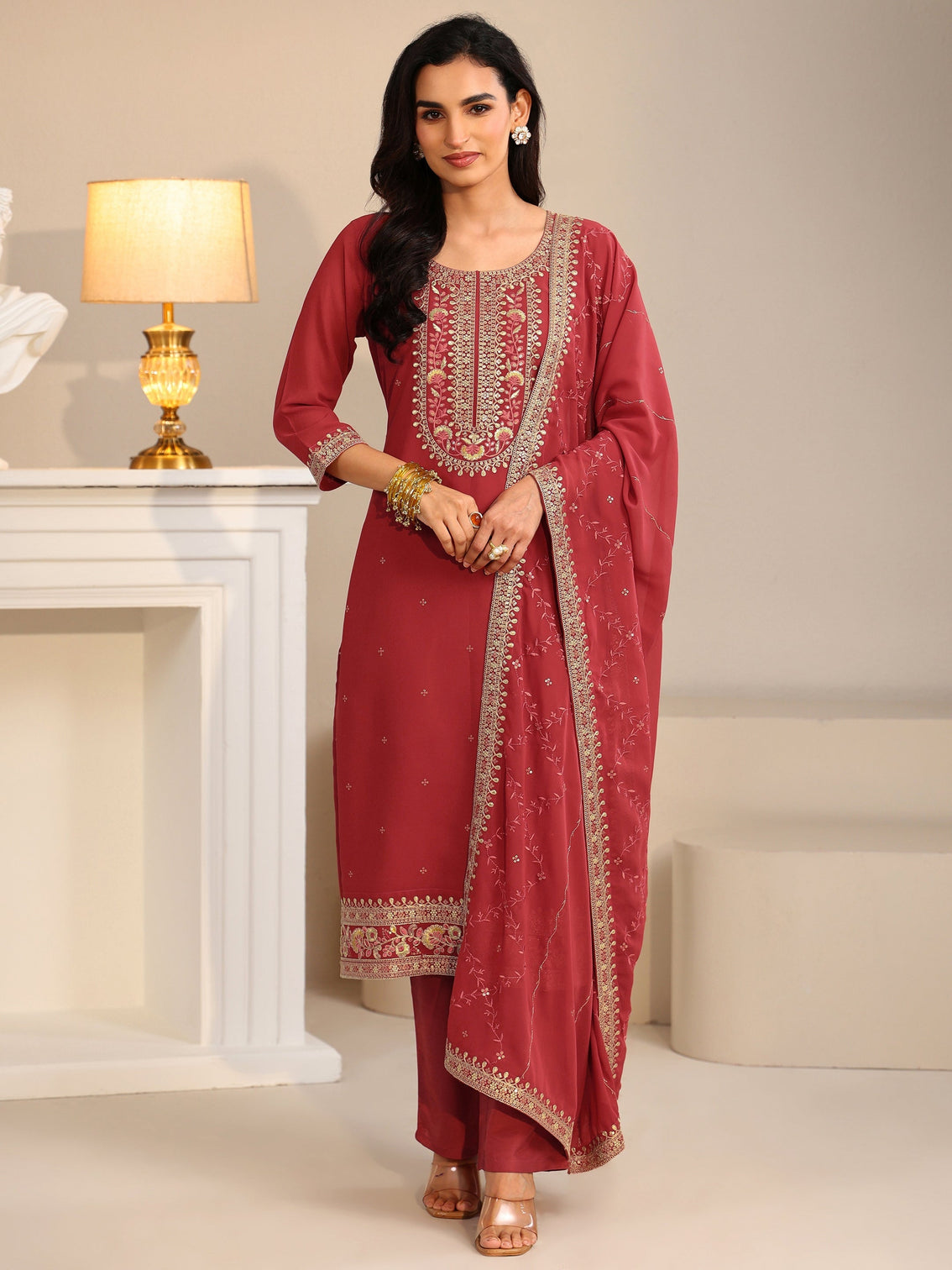 Mameraa Crimson Red Floral Embellished Georgette Straight Suit Set