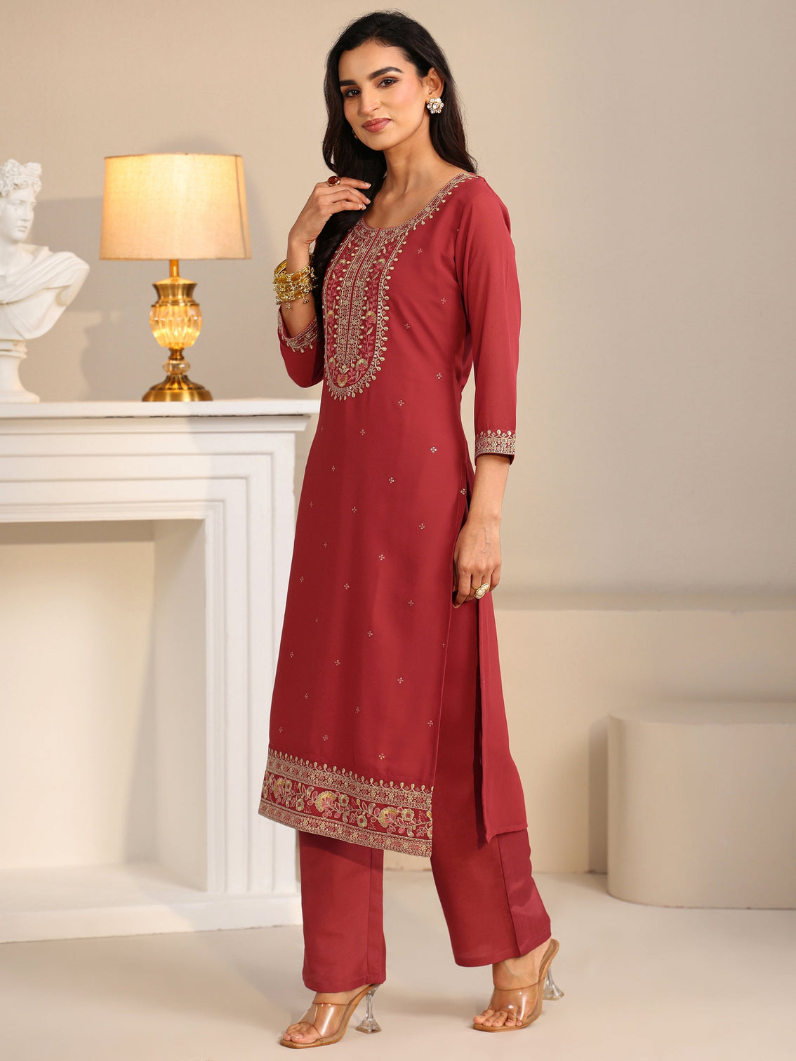Mameraa Crimson Red Floral Embellished Georgette Straight Suit Set