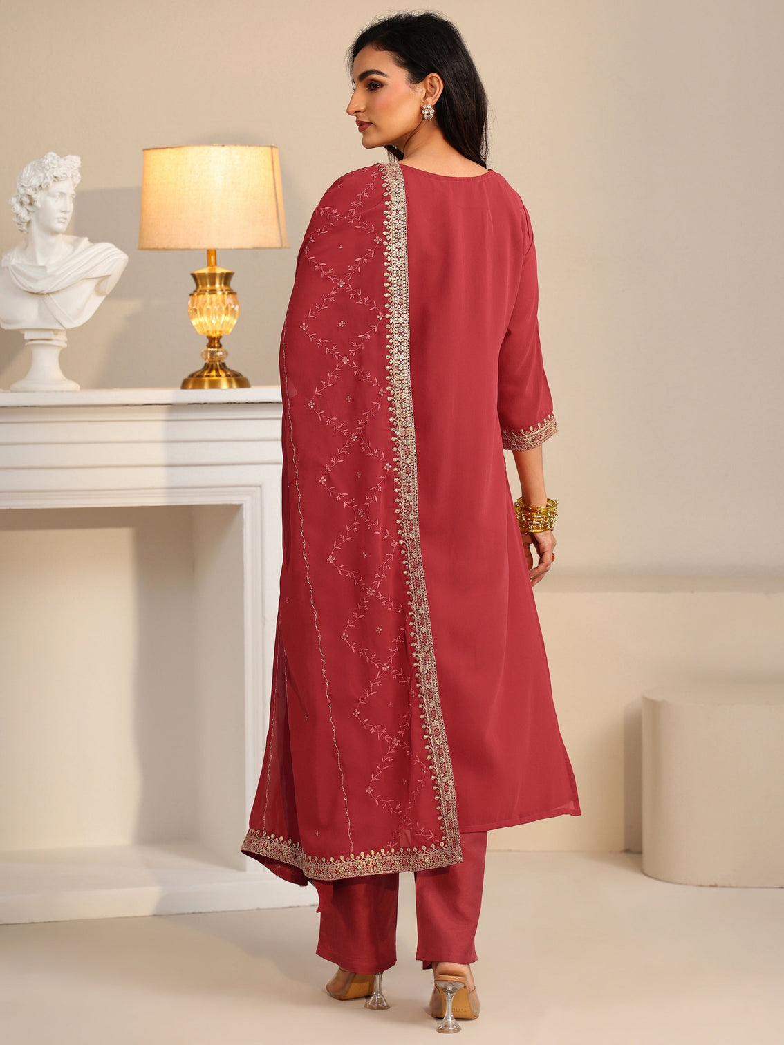 Mameraa Crimson Red Floral Embellished Georgette Straight Suit Set