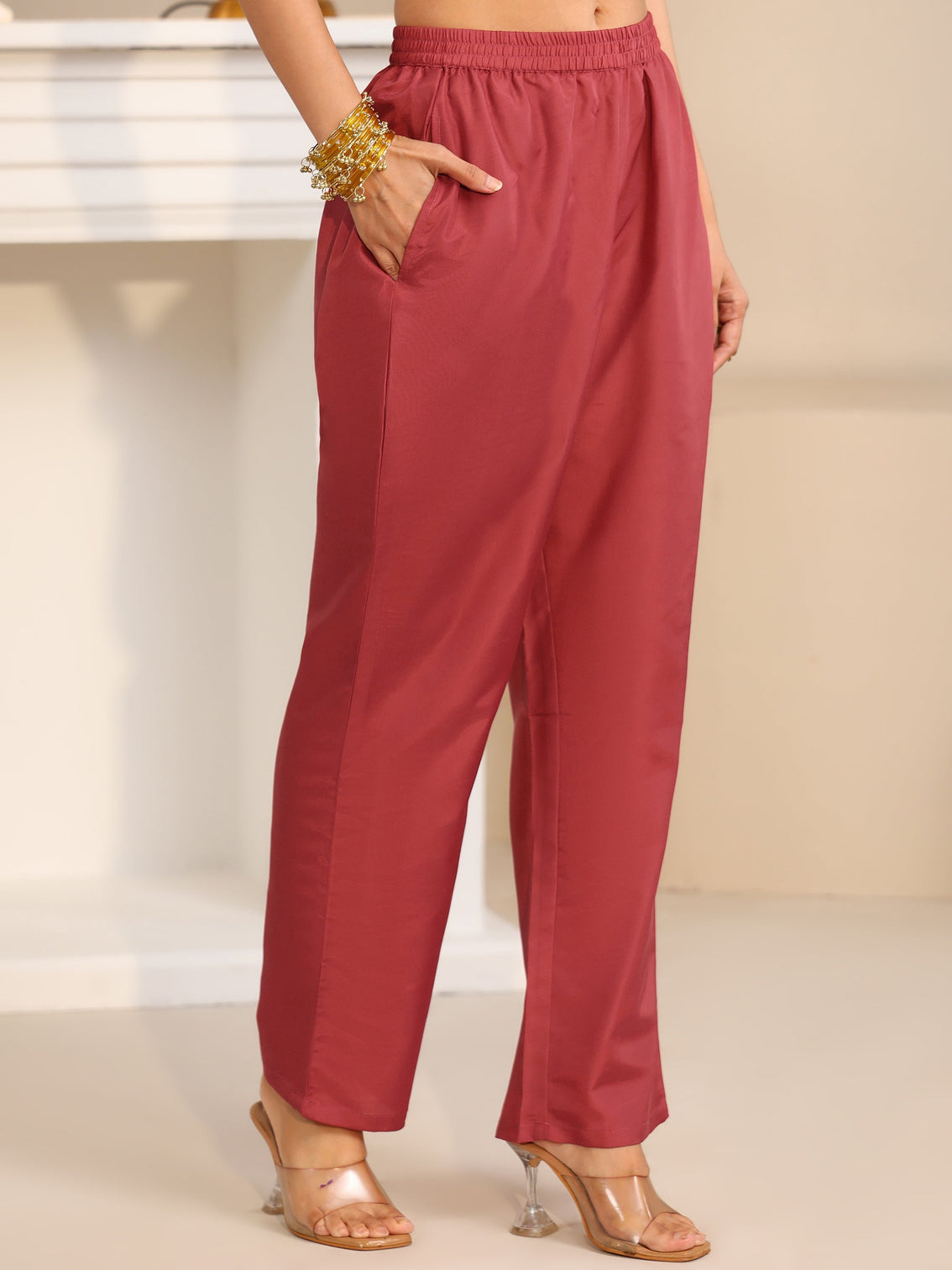 Mameraa Crimson Red Floral Embellished Georgette Straight Suit Set
