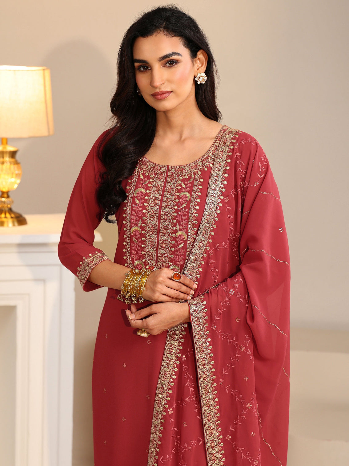 Mameraa Crimson Red Floral Embellished Georgette Straight Suit Set