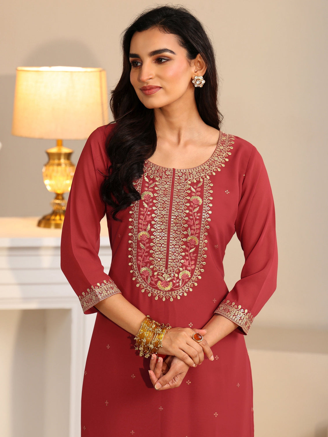 Mameraa Crimson Red Floral Embellished Georgette Straight Suit Set