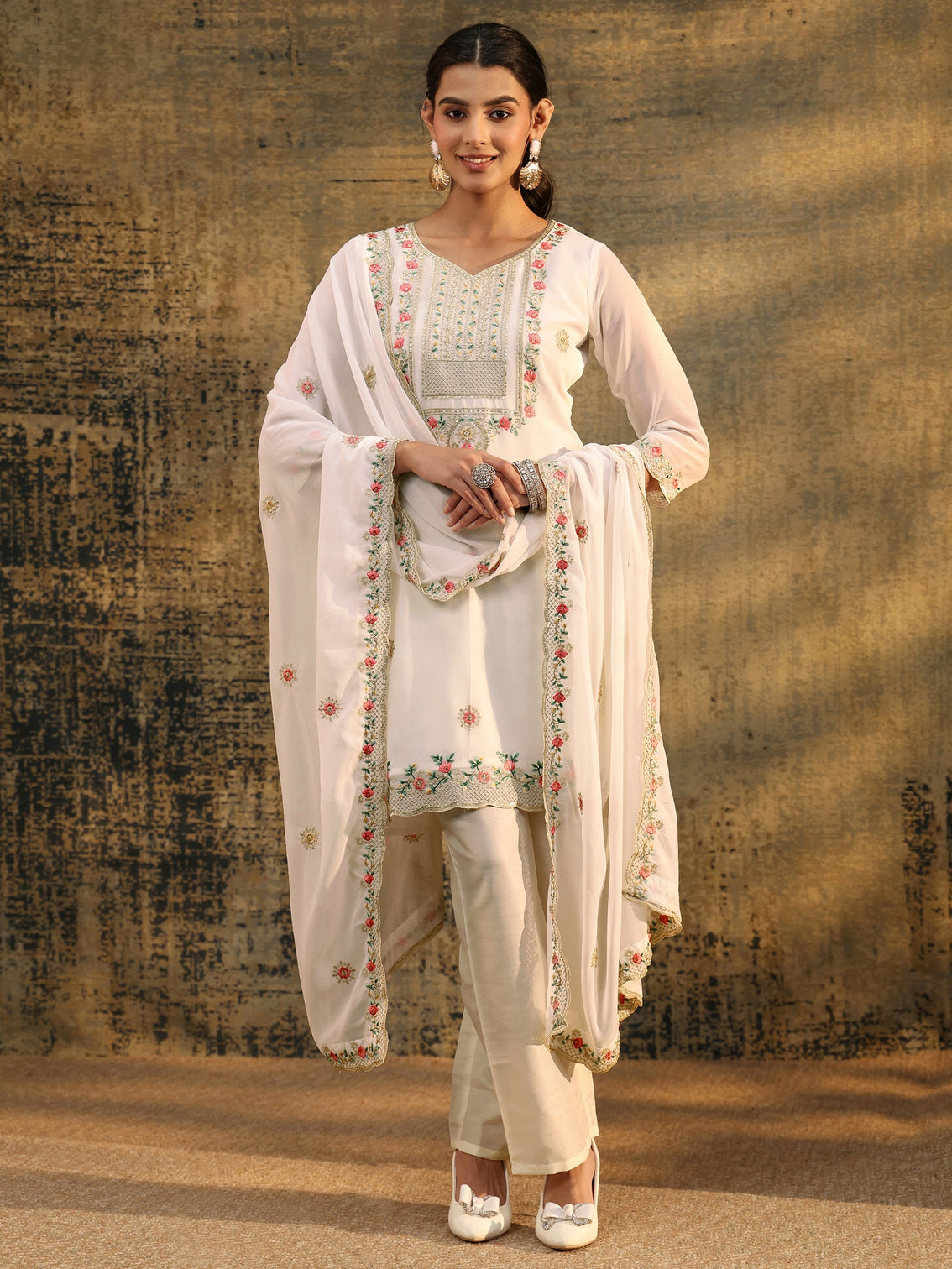 Mameraa Snow White Floral Embroidered Georgette Straight Suit Set
