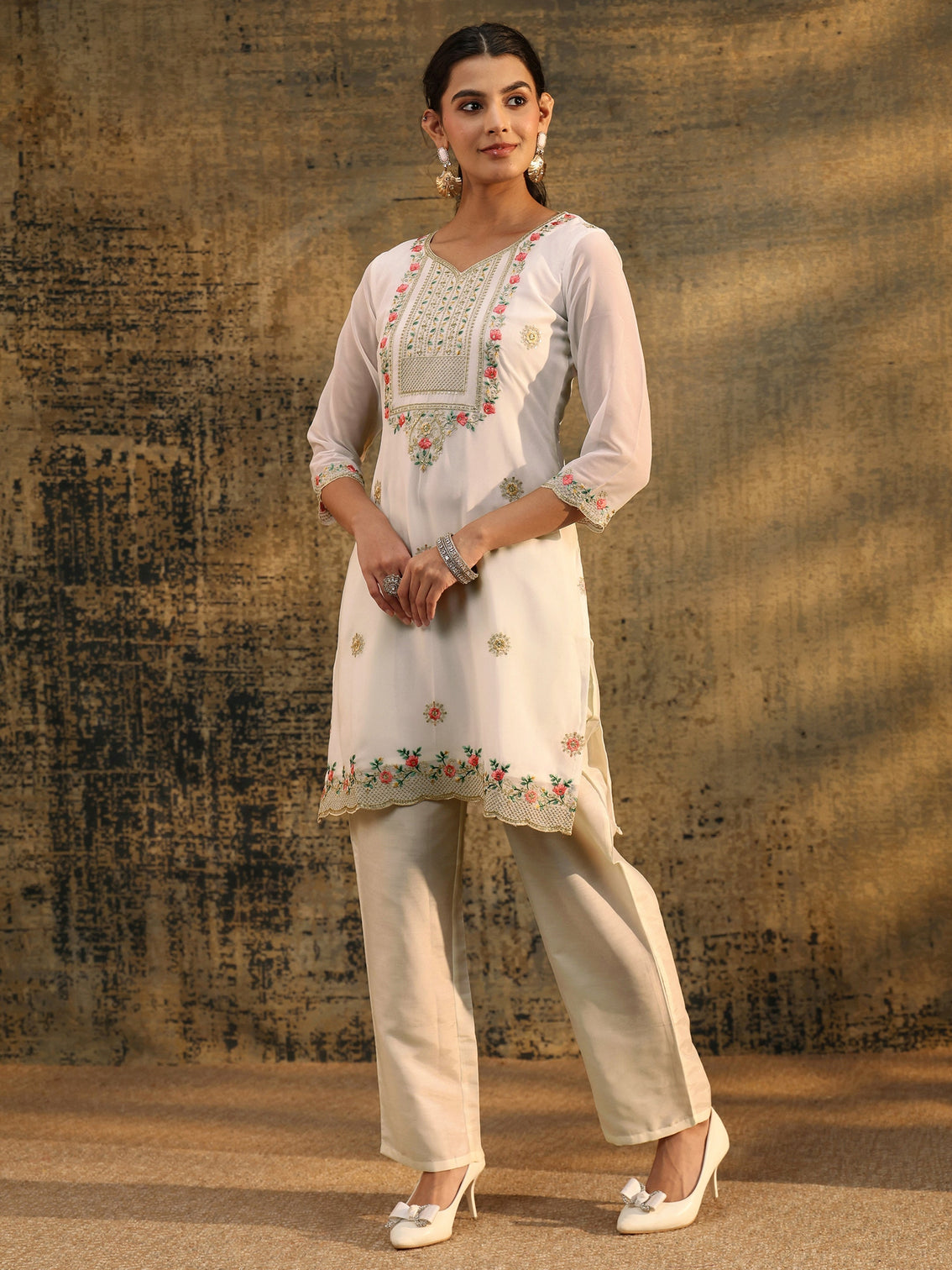 Mameraa Snow White Floral Embroidered Georgette Straight Suit Set