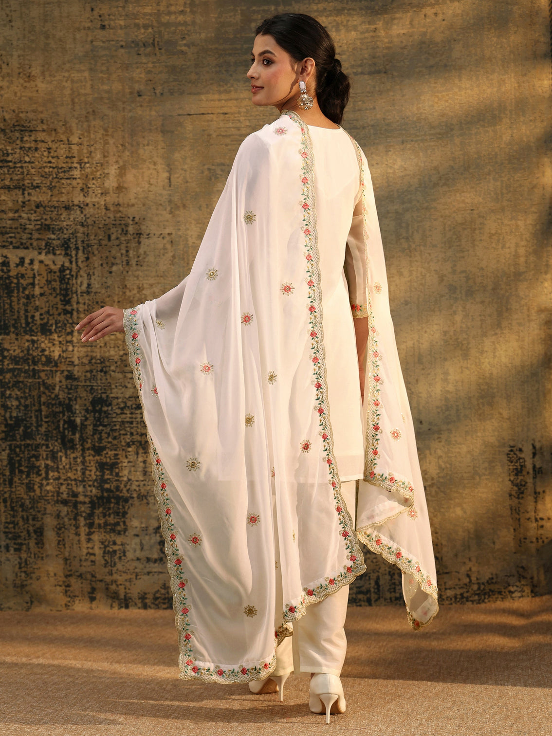 Mameraa Snow White Floral Embroidered Georgette Straight Suit Set