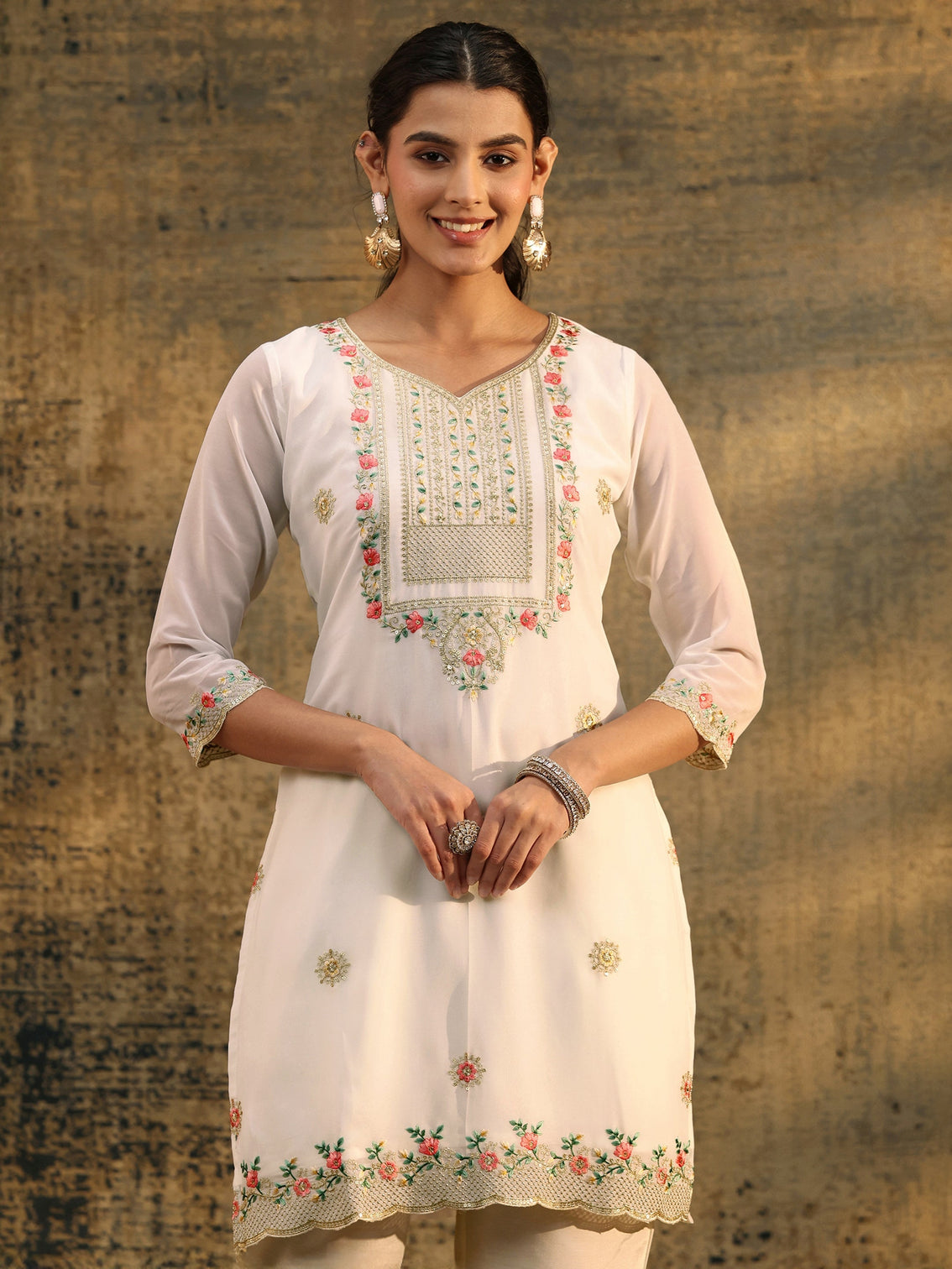 Mameraa Snow White Floral Embroidered Georgette Straight Suit Set