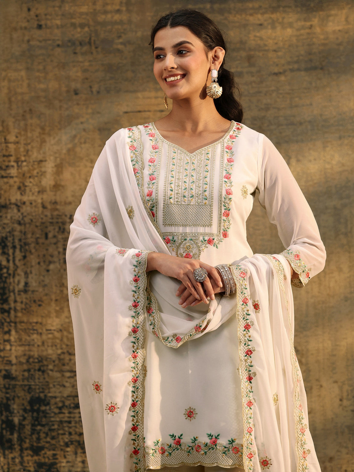 Mameraa Snow White Floral Embroidered Georgette Straight Suit Set