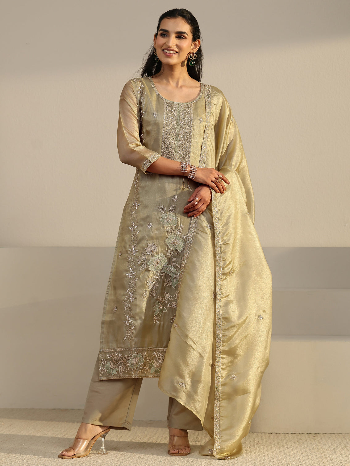 Mameraa Sage Green Floral Embroidered Organza Straight Suit Set