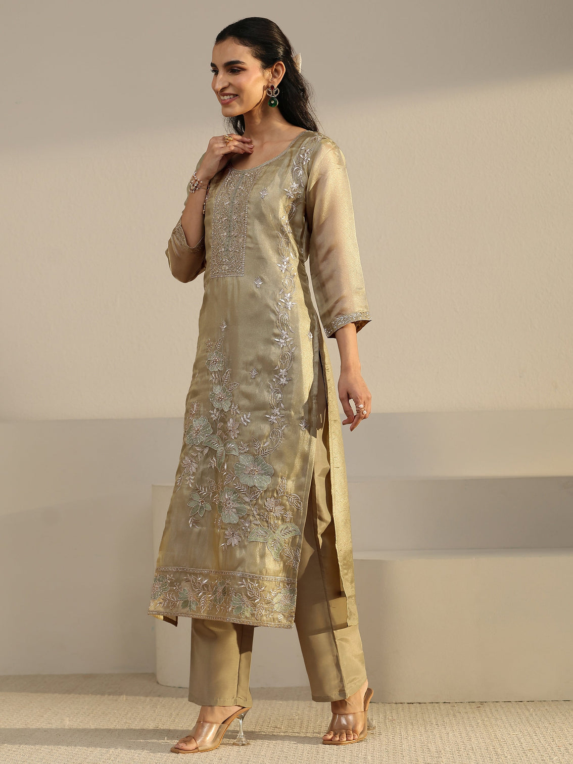 Mameraa Sage Green Floral Embroidered Organza Straight Suit Set