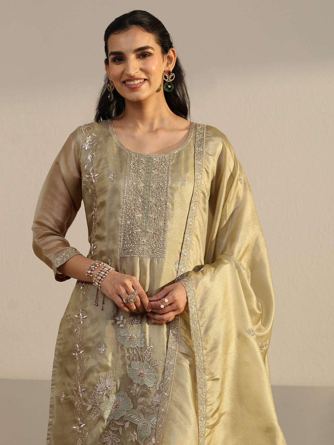 Mameraa Sage Green Floral Embroidered Organza Straight Suit Set
