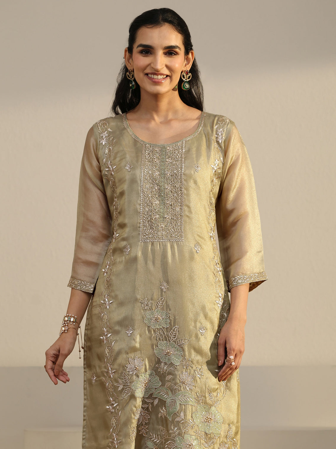 Mameraa Sage Green Floral Embroidered Organza Straight Suit Set