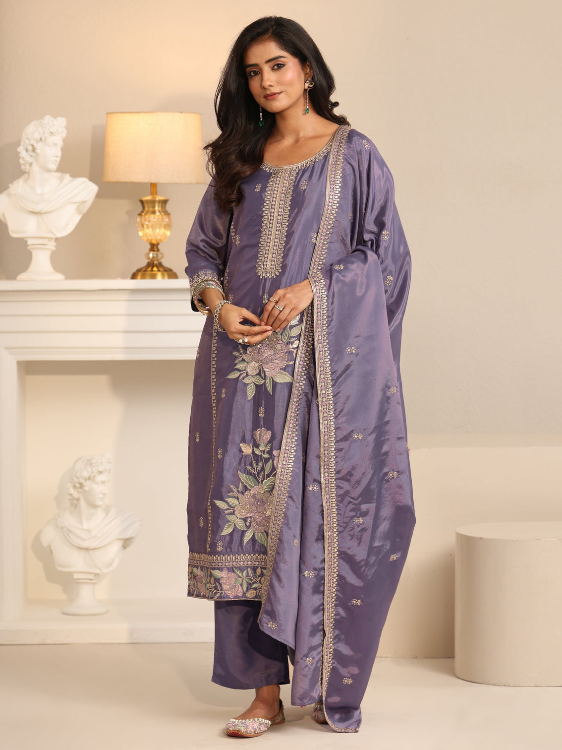 Mameraa Deep Lavender Floral Embroidered Organza Straight Suit Set