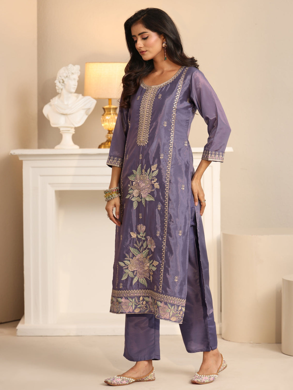 Mameraa Deep Lavender Floral Embroidered Organza Straight Suit Set