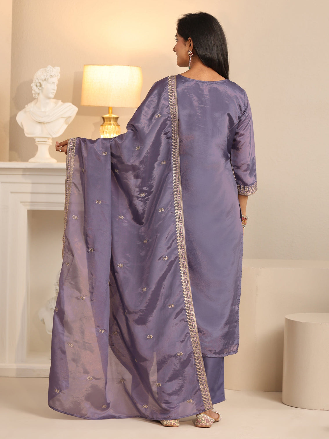 Mameraa Deep Lavender Floral Embroidered Organza Straight Suit Set