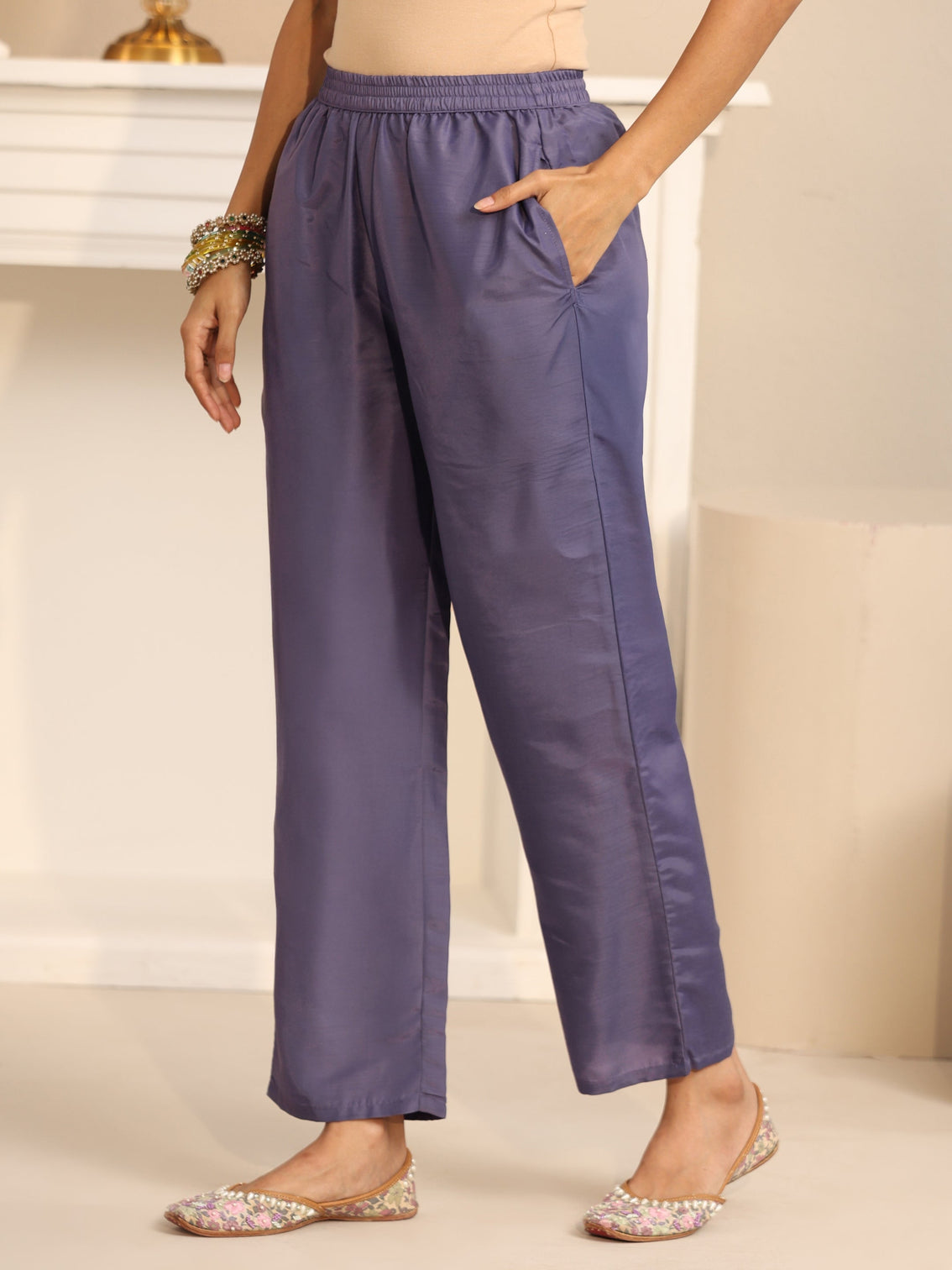 Mameraa Deep Lavender Floral Embroidered Organza Straight Suit Set