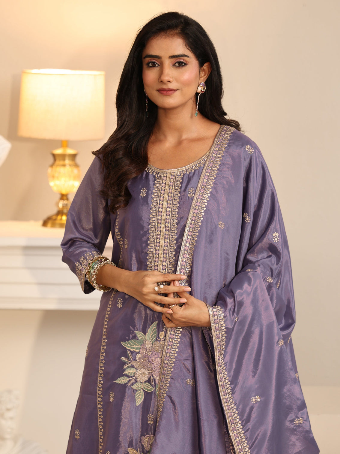 Mameraa Deep Lavender Floral Embroidered Organza Straight Suit Set