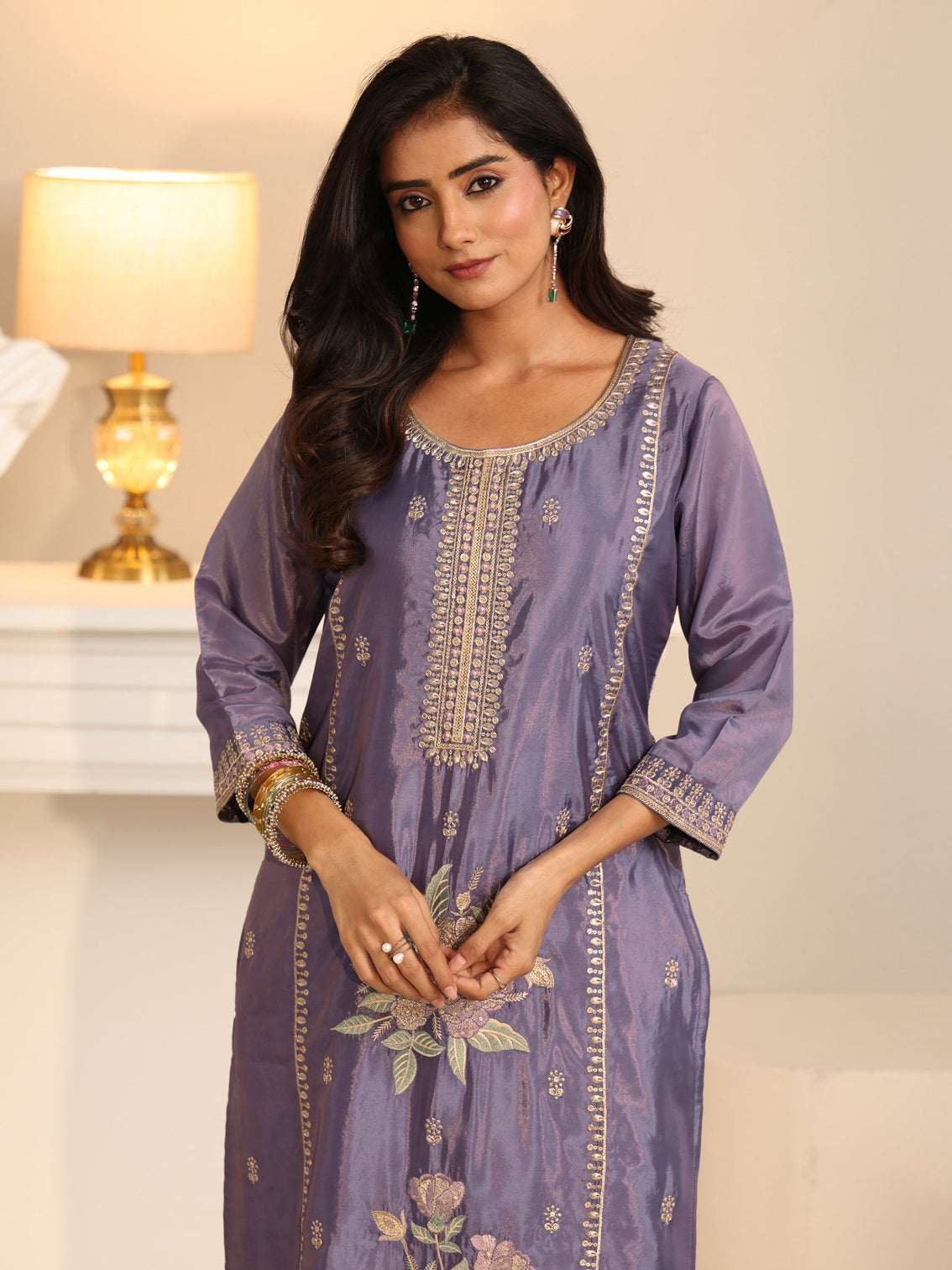 Mameraa Deep Lavender Floral Embroidered Organza Straight Suit Set