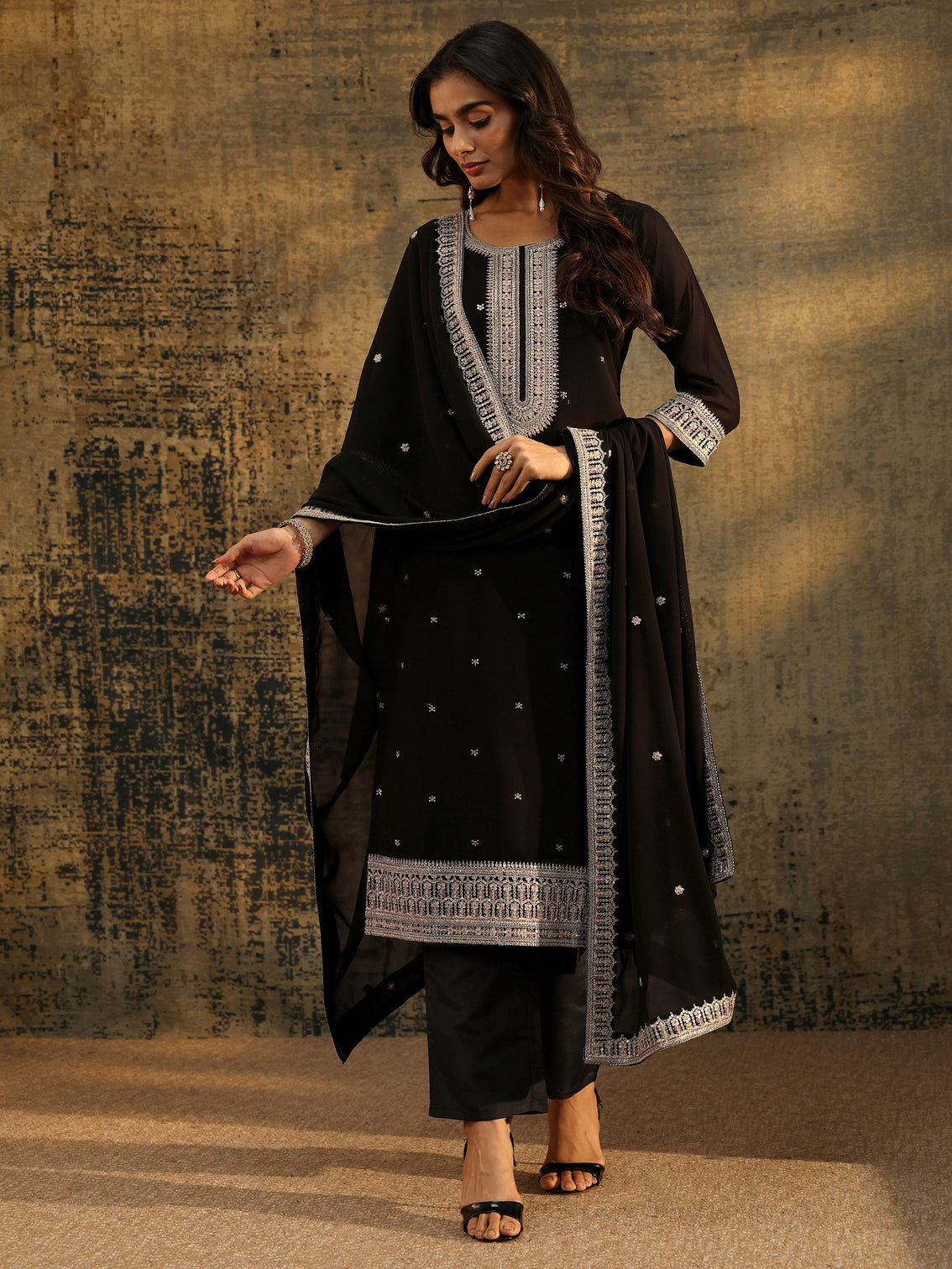 Mameraa Black Sequins Embellished Georgette Straight Suit Set