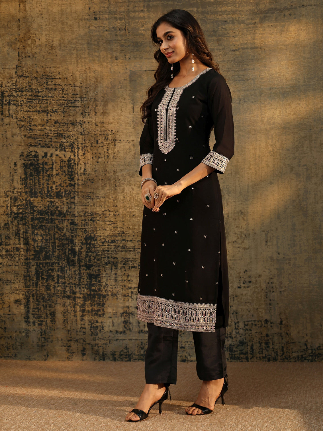 Mameraa Black Sequins Embellished Georgette Straight Suit Set