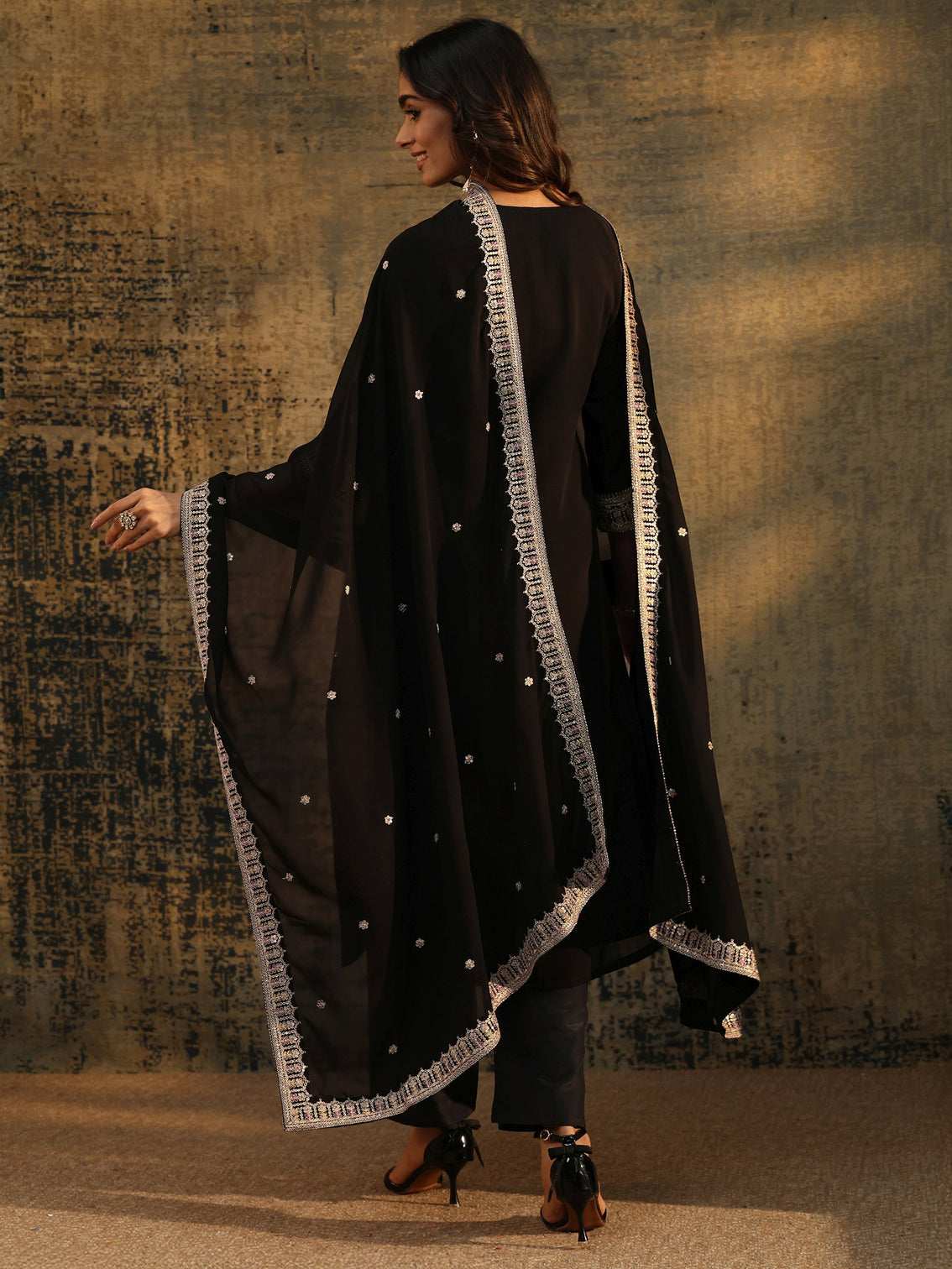 Mameraa Black Sequins Embellished Georgette Straight Suit Set