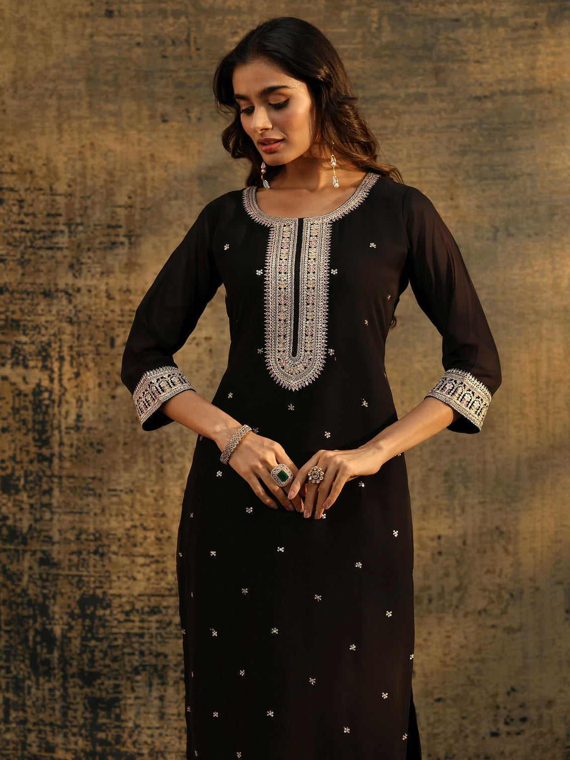 Mameraa Black Sequins Embellished Georgette Straight Suit Set