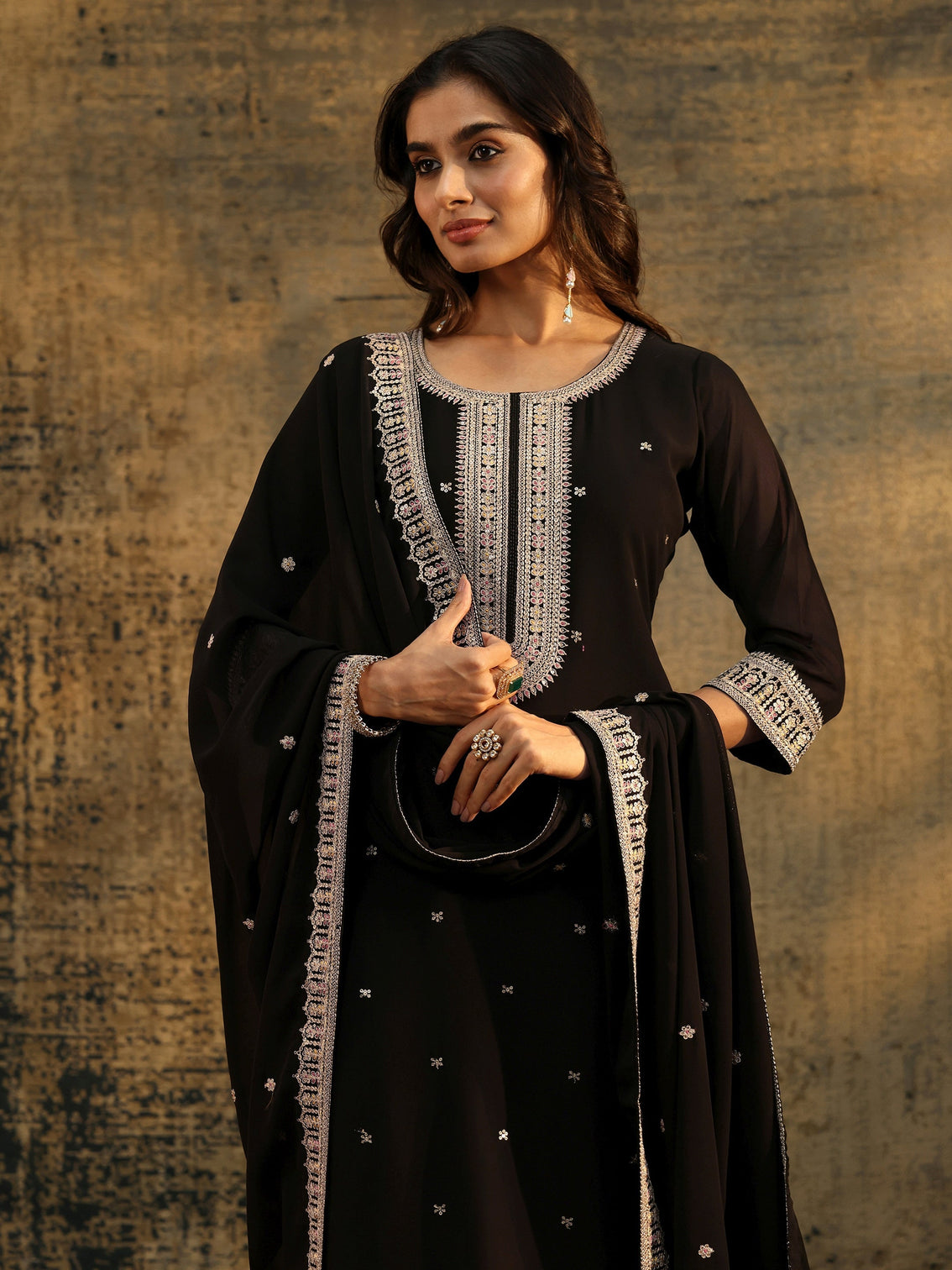 Mameraa Black Sequins Embellished Georgette Straight Suit Set